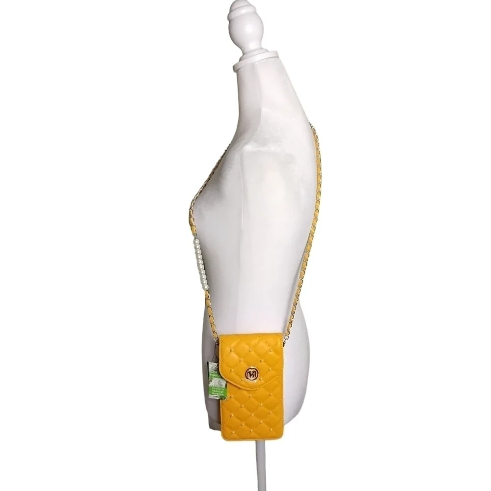 Badgley Mischka Limited Edition Yellow Vegan Quilted Studded Pearls Phon…